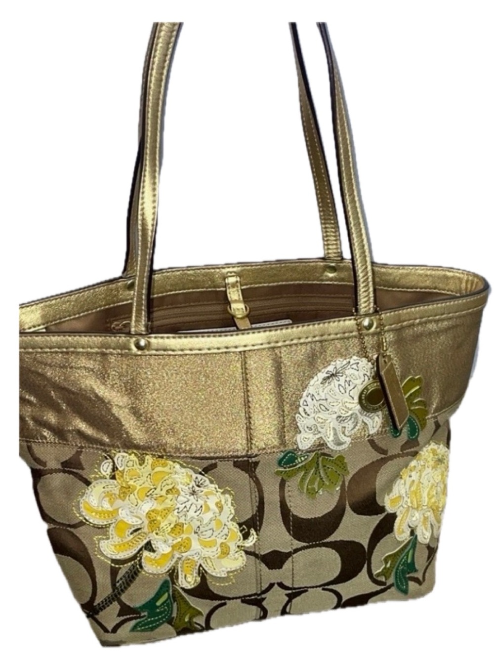 Coach Signature Stripe Floral Appliqué Shoulder Tote